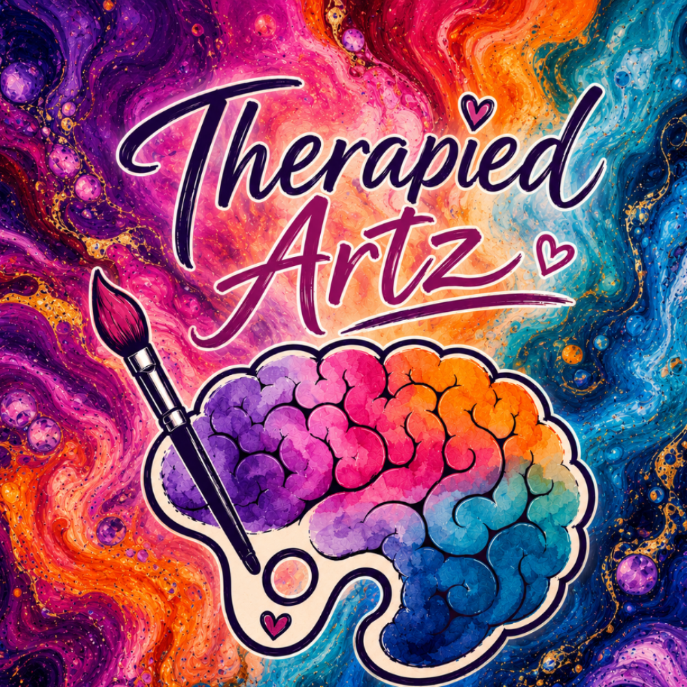 Colorful abstract design with 'Therapied Artz' text, brain illustration, and paintbrush.